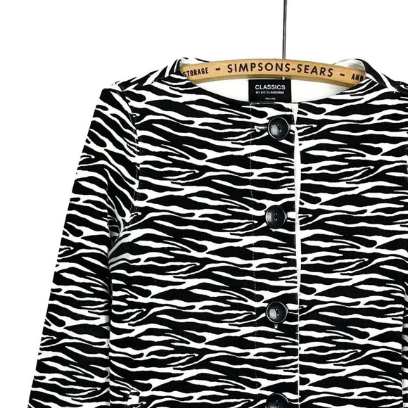 Liz Claiborne Womens Small Petite  Zebra Print Button Up Sweater Black White - Picture 2 of 6